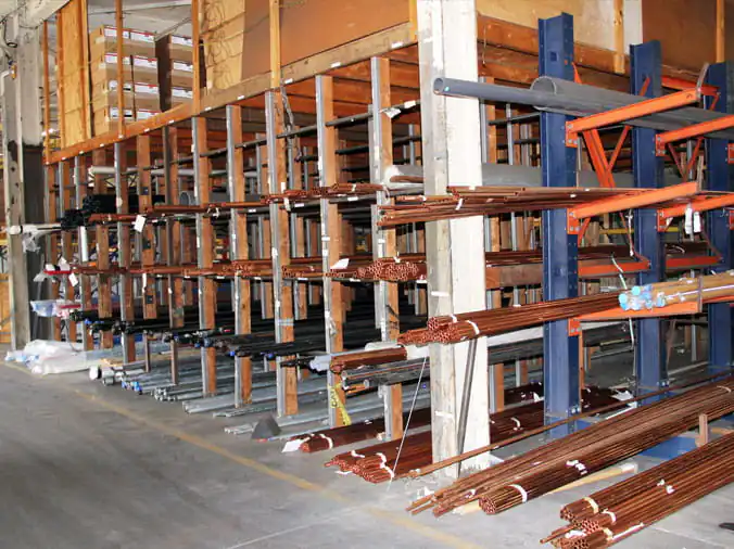 copper plumbing pipes on a rack in the Weinstein Willow Grove warehouse