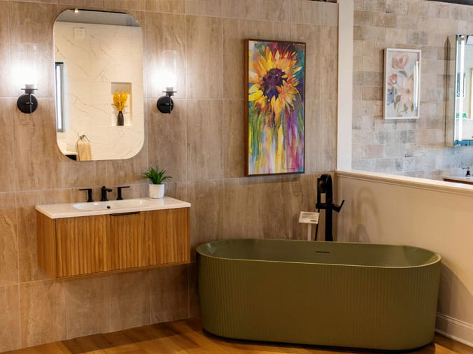 Sample bathroom with free standing oval bathtub