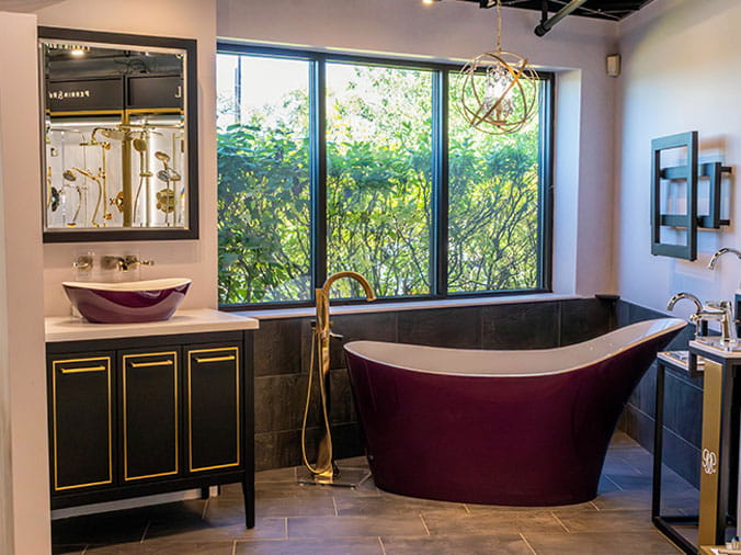 Sample bathroom with large free standing bathtub